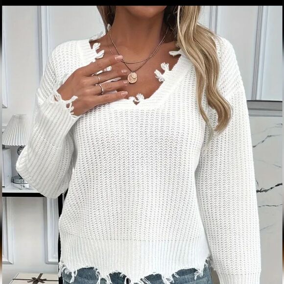 Chic White Distressed V-Neck Sweater - Picture 2 of 6